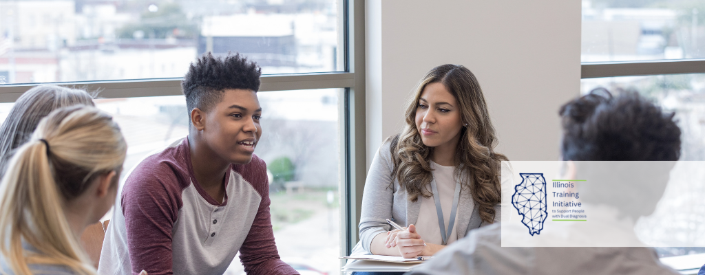 People talking in a group therapy session. The NTI logo is in the bottom right corner of the image.