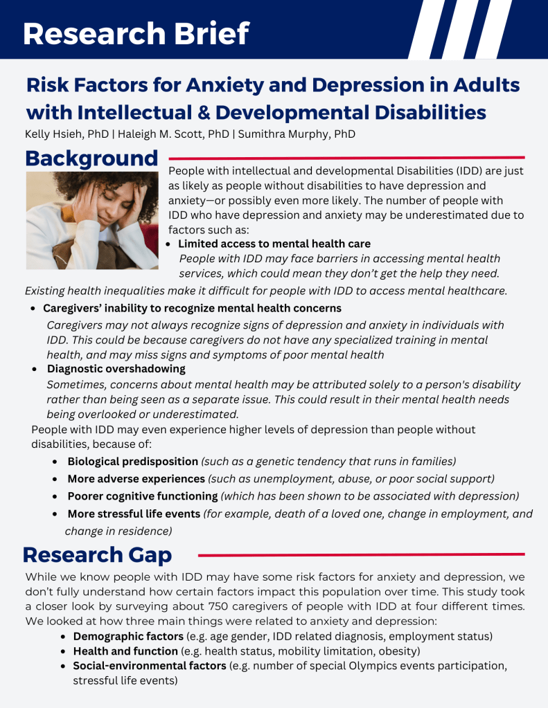 Thumbnail image of the research brief entitled, "Risk Factors for Anxiety and Depression in Adults with Intellectual & Developmental Disabilities"