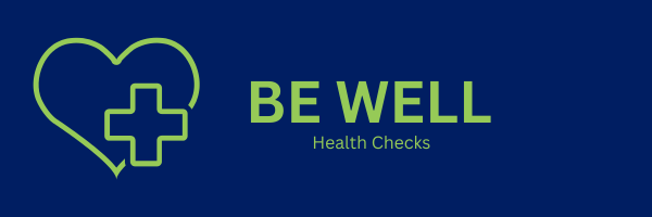 Be Well - Health Checks logo, with a heart and a "plus" sign in the heart