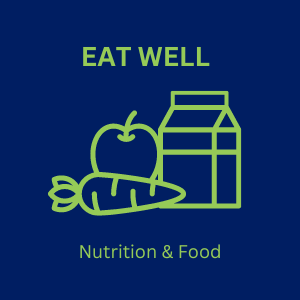 Icon, a carrot, apple, and box of milk