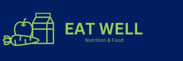Eat Well - Nutrition & Food logo, with the outlines of an apple, carrot, and carton of milk
