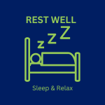 Rest Well - Sleep & Relax logo, with a person in a bed sleeping
