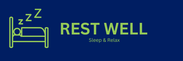 Rest Well - Sleep & Relax logo, with a person in a bed sleeping