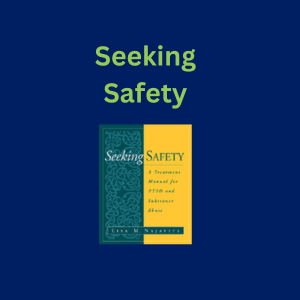 Cover of a Teal and Yellow workbook reading "Seeking Safety."